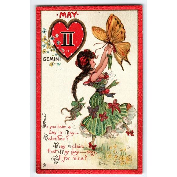 Tuck Postcard Dwig Gemini Fancy Fashion Lady Butterfly Zodiac May Horoscope 128 - Picture 1 of 2